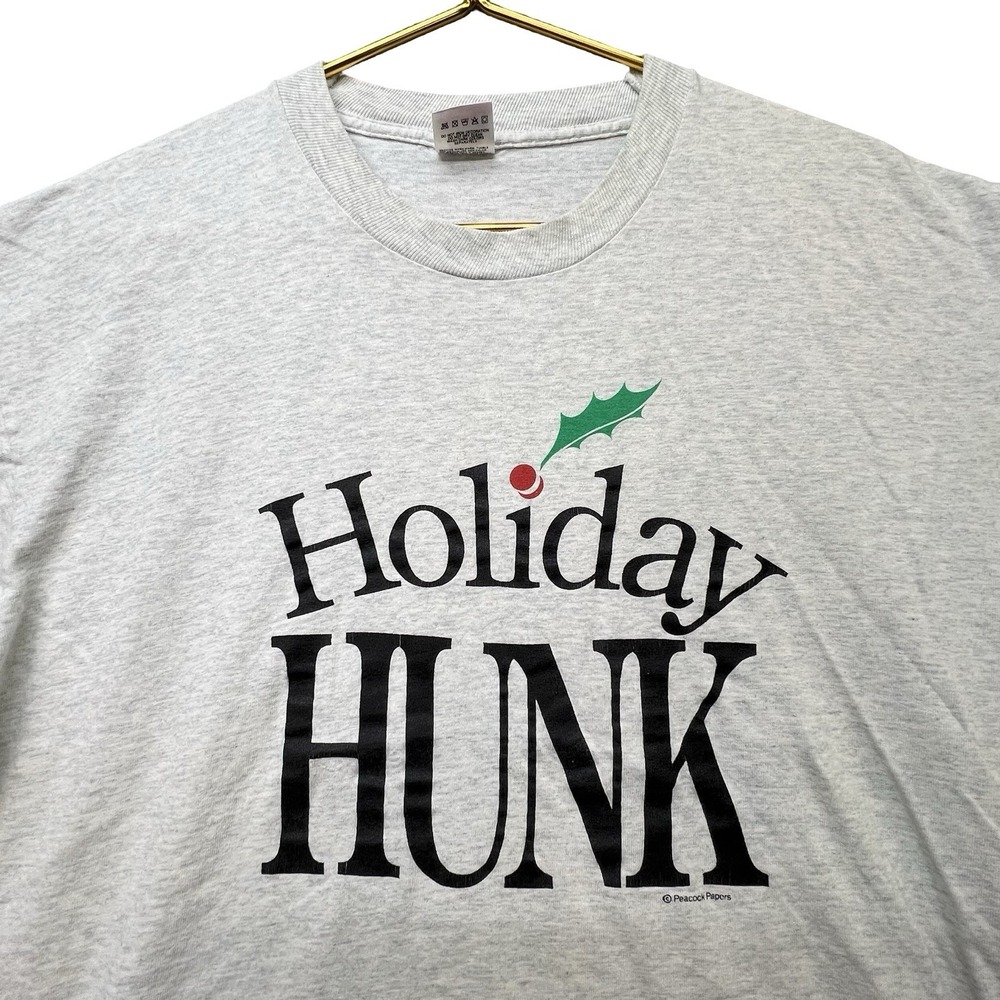 Vintage 90s Holiday Hunk Christmas T Shirt Mens XL Single Stitch Gray Fruit Loom